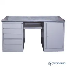 V6-1800 DT ЛДСП (цвет RAL 7035) — верстак с драйвером на 5 ящиков и тумбой (ДСП 22 мм с ламинированным покрытием) фото 1