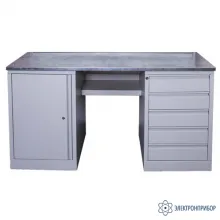 V6-1500 TD Сталь (цвет RAL 7035) — верстак с тумбой и драйвером на 5 ящиков (сталь окрашенная 1,5 мм с ребрами жесткости) фото 1